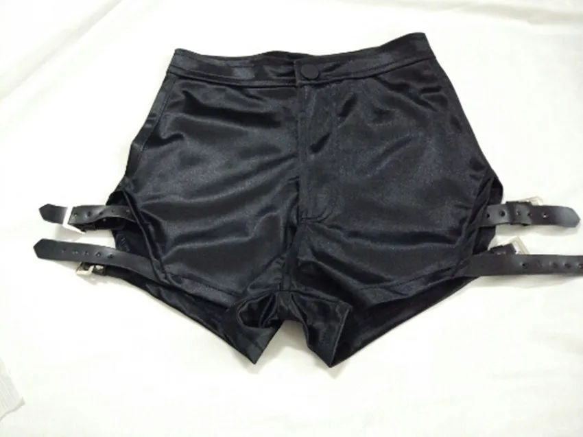 Сексуальные женские шорты в стиле панк-рок, облегающие шорты с завязками, облегающие шорты из искусственной кожи с ремнем на бедро, шорты с высокой талией, 7 цветов - Цвет: Черный