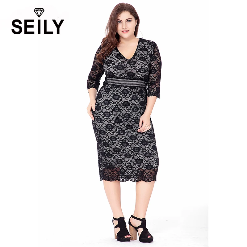 

Seily Black Bodycon Bandage Office Lace Pencil Midi Dress 2017 Autumn Vintage Elegant Plus Size Dresses For Women 4XL 5XL 6XL