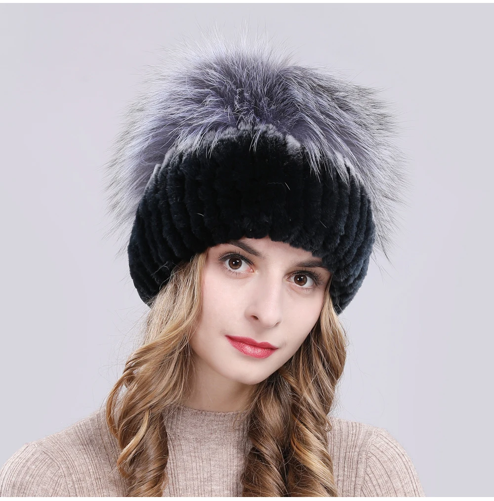 Outdoor Women Warm Soft Genuine Rex Rabbit Fur Hat Knitted Natural Real Sliver Fox Fur Caps Winter Real Rabbit Fur Beanies Hats