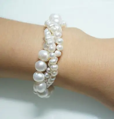 Подлинный белый браслет с пресноводным жемчугом 4-9 мм три круга изящный твист