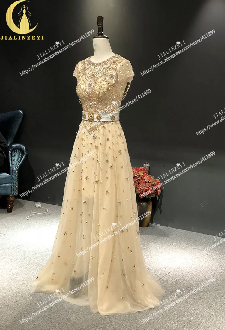 JIALINZEYI Real Picture Gold Beads Crystal Luxurious short sleeves Formal party Dress evening Dresses