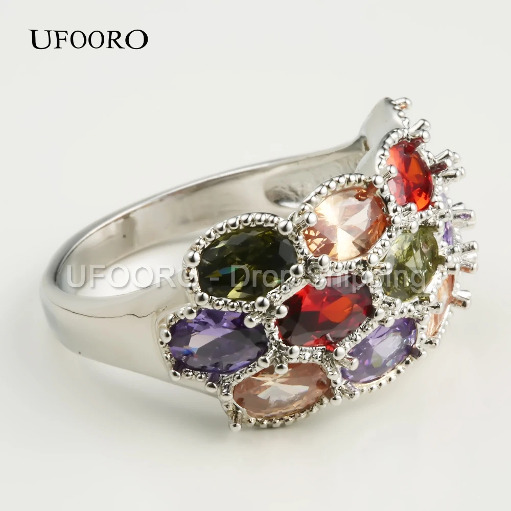 Женские обручальные кольца UFOORO rainbow роскошные посеребренные с цветным