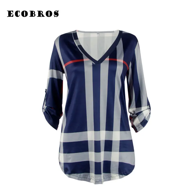 ECOBROS 2017 Новая Женщина Лето Футболка Мода Свободные V-образным Вырезом плед печать