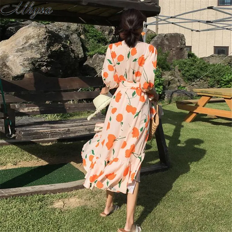 Mhysa 2019 Summer new holiday style ladies high waist retro print V-neck short sleeve irregular ruffled seaside beach dress Y049 | Женская