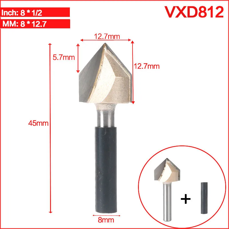 VXD812 Tideway 8 мм хвостовик V тип долбежный резак профессиональные фрезы для дерева 90 град Вольфрам Деревообработка Резьба Инструменты - Длина режущей кромки: VXD812