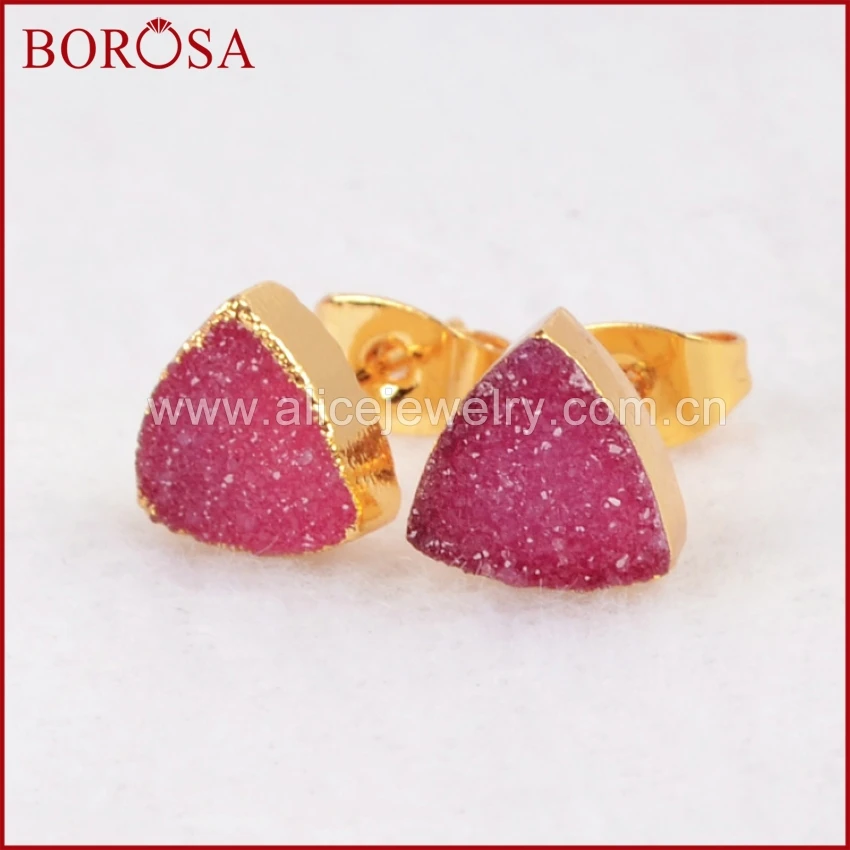 BOROSA 8 мм треугольник золотого цвета Радуга натуральный кристалл Druzy Geode серьги