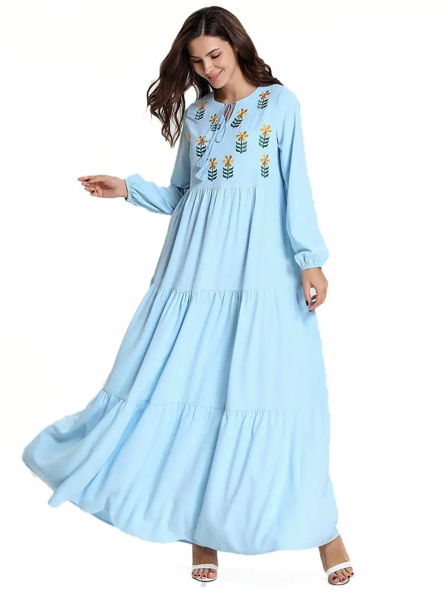 

Dubai Abaya Muslim Women Long Dress Kaftan Jilbab Embroidery Ethnic Loose Casual Long Robe Prayer O-Neck Islamic Lady Clothing
