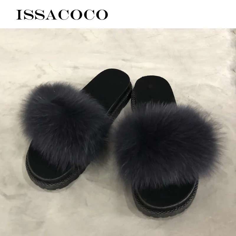 Dark Gray ISSACOCO/женские шлепанцы из натурального Лисьего меха; женские нескользящие пушистые меховые тапочки; женские пушистые тапочки; милые плюшевые тапочки с лисьим мехом - Цвет: Dark Gray