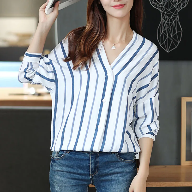 Блузка женская в полоску с V-образным вырезом Свободный Повседневный пуловер