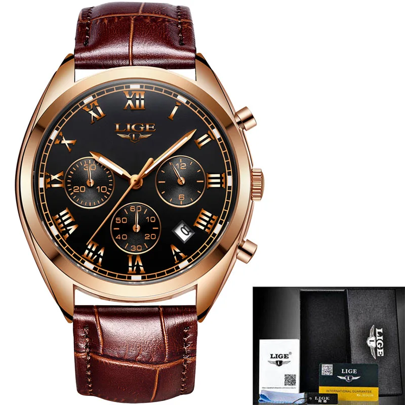 Gold black leather LIGE хронограф мужские часы Relogio Masculino коричневые кожаные бизнес Кварцевые часы мужские креативные армейские военные наручные часы - Цвет: Gold black leather