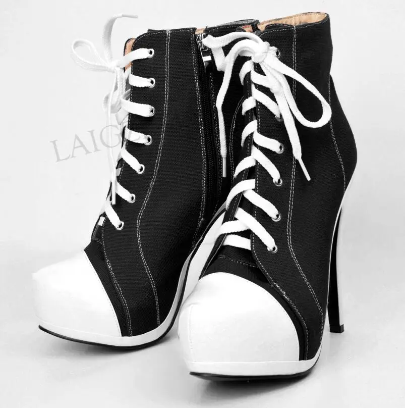 LGZ487 Black LAIGZEM/парусиновые женские ботинки на платформе; Botines Mujer; короткие ботильоны на высоком каблуке с боковой молнией; женская обувь; большие размеры 34-52 - Цвет: LGZ487 Black