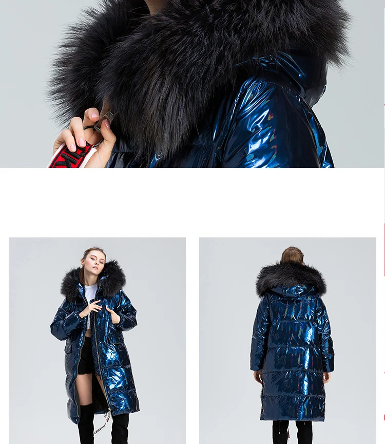 Natural Raccoon Fur Parka Winter White Duck Down Jacket Women Large Fur Collar Long Outwear New Women's Silver Down Coats