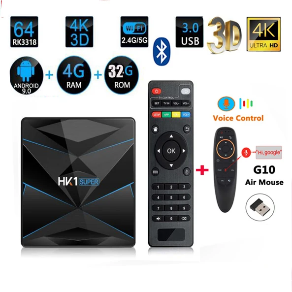 4G 32G G10 HK1 супер Android 9,0 google tv box RK3318 4K 3d Поддержка bluetooth опционально 5g wifi и голосовая воздушная мышь Netflix box youtube rk3318 - Цвет: 4G 32G G10