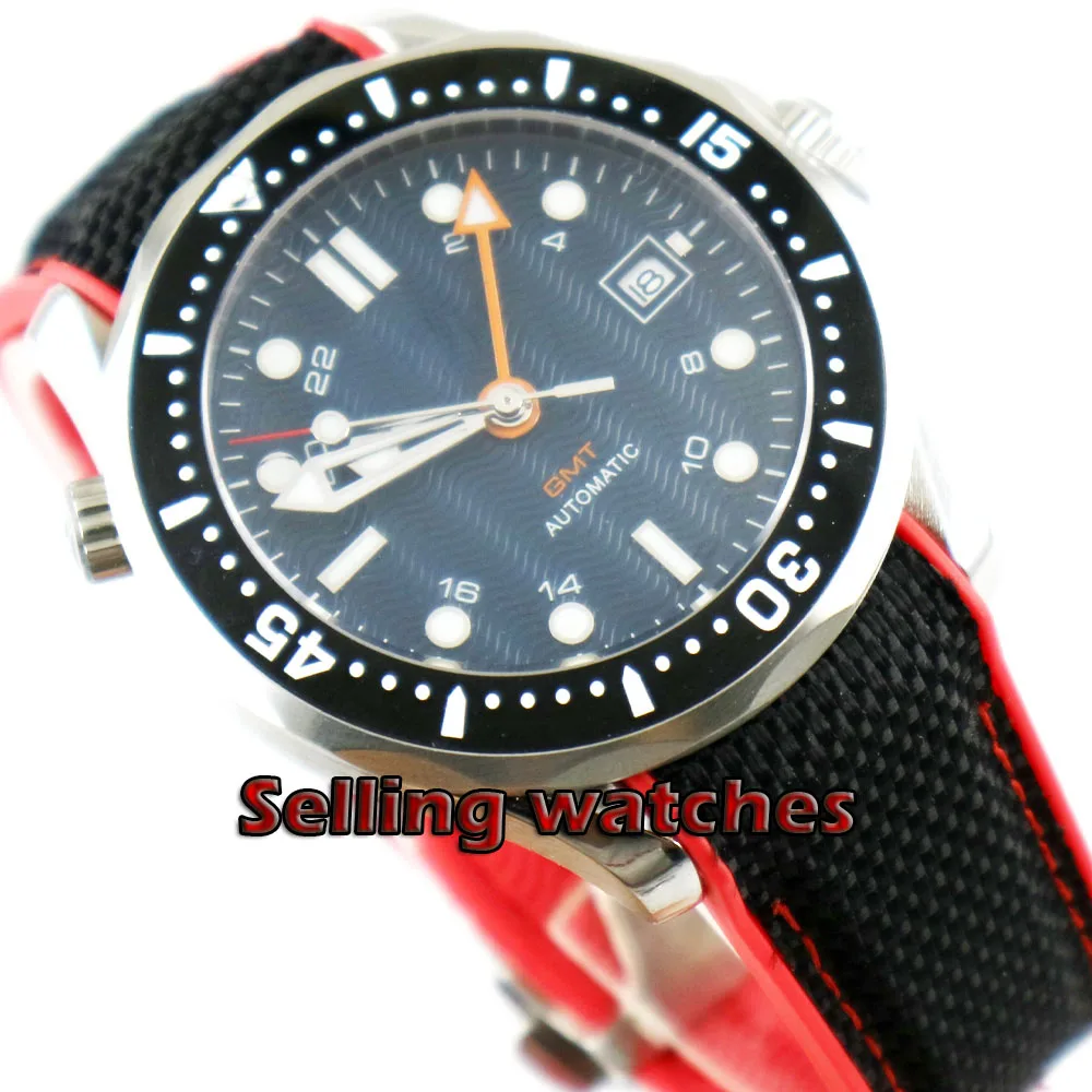 

41mm bliger navy Sterile blue dial GMT sapphire glass Black ceramic bezel deploymenat clasp automatic mens watch