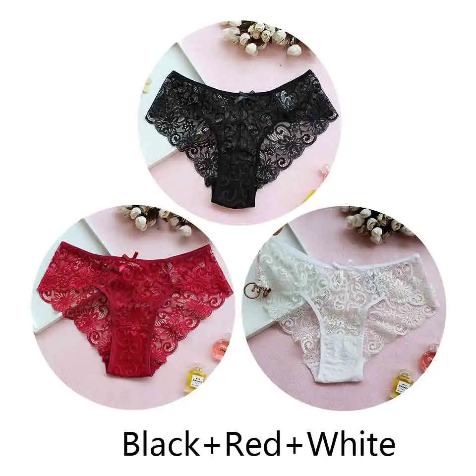 black red white 3 шт./лот ЕС размера плюс трусики женские сексуальные кружевные трусы прозрачное дышащее белье женские бесшовные трусы Высокое качество Новинка - Цвет: black red white