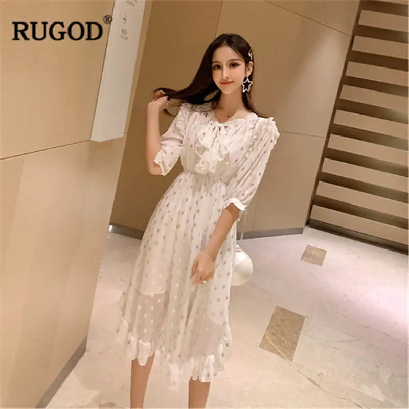 Белый RUGDO Новое поступление женское платье с О-образным вырезом и короткими рукавами туника тонкое женское платье в горошек темперамент Фея Modis Mujer Vestidos - Цвет: Белый