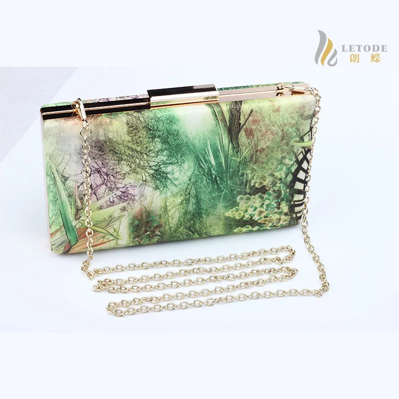 Bolsa Bolsos Female Flower Print bag ladies evening wedding flap clutch Frame Vintage Landscape elegant chain handbag 8238-2 | Багаж и