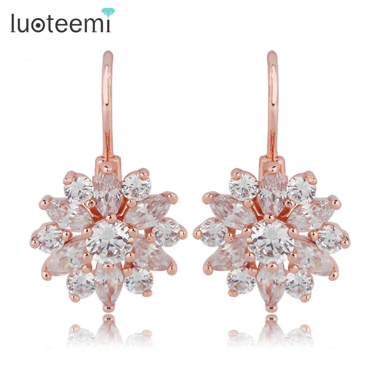 

LUOTEEMI Rose Gold-Color Shinning Clear Cubic Zirconia Crystal Flower Drop Earrings For Women Luxury Gift Jewelry Bijouterie