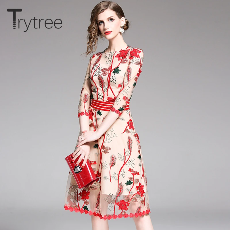 Trytree летнее платье Цветочная вышивка с сеткой повседневное женское полиэфирное плиссированное платье с рукавами и подолом длиной до колена
