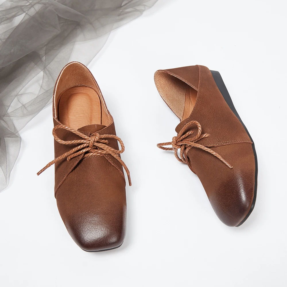 2019 spring new square head leather casual lace shoes low heel soft bottom women's | Обувь
