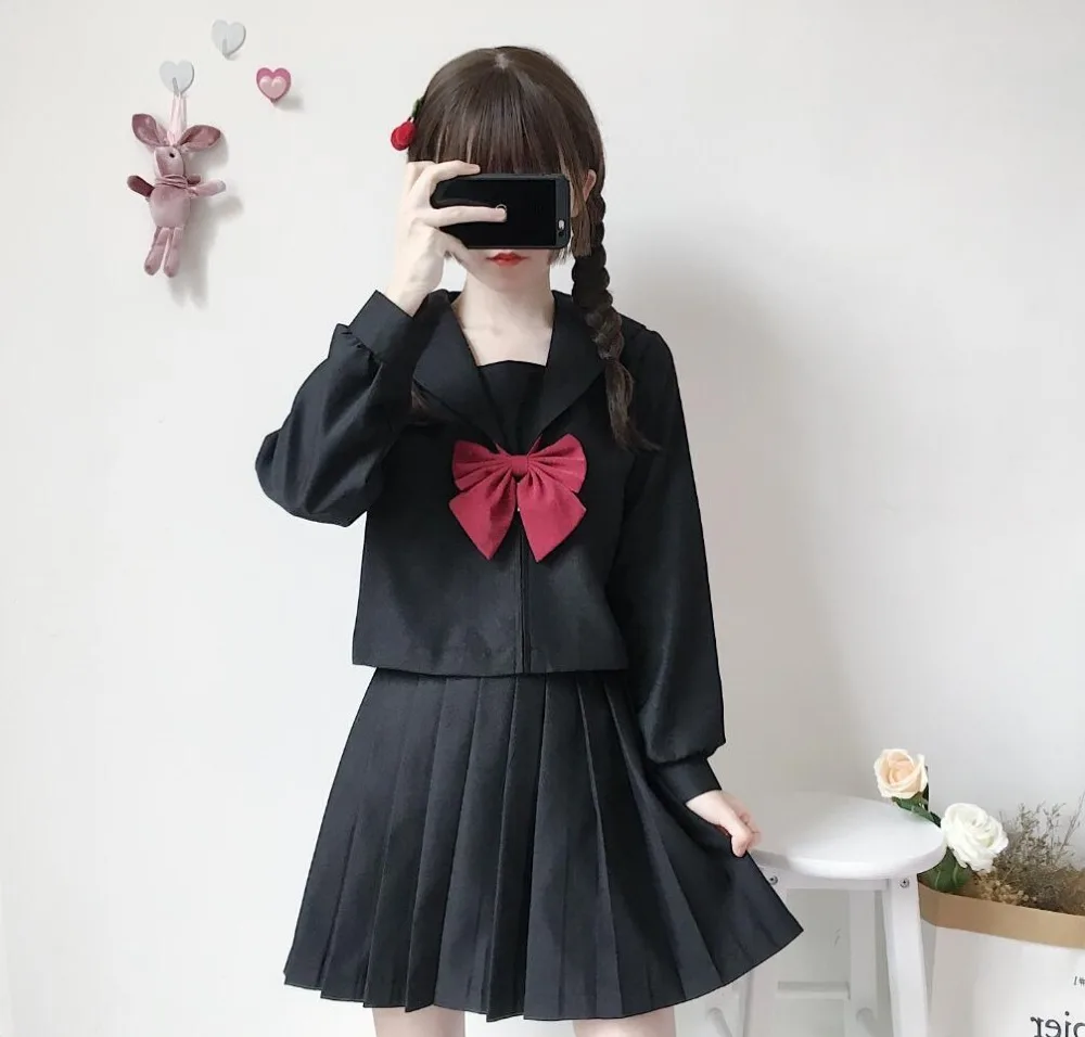 Черная базовая форма JK средней длины с длинным рукавом матросское платье женское