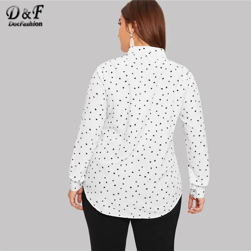 Dotfashion, блузка размера плюс с принтом в виде белого сердца, рубашка с завязкой на шее, весна, повседневная одежда с длинным рукавом, Женские топы и блузки