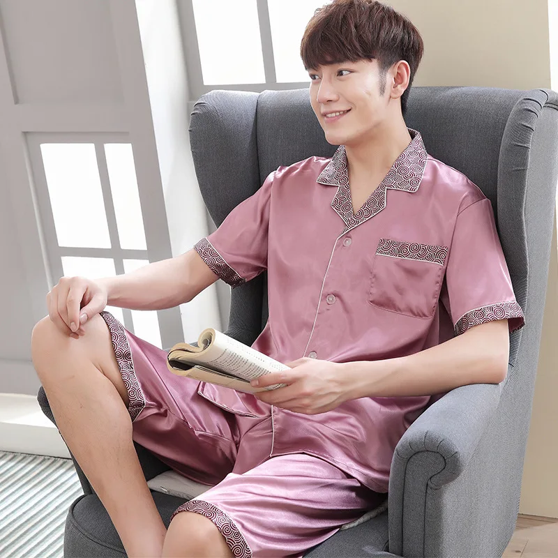 Летние пижамы с короткими рукавами из искусственного шелка полиэстера Мужские