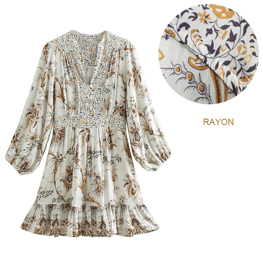 Женское платье с цветочным принтом TEELYNN Boho винтажное хлопковое v образным вырезом
