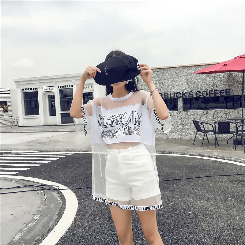 Camisetas Mujer летняя модная футболка Топ Женская одежда корейский стиль Harajuku сетчатая перспективная футболка женские свободные футболки