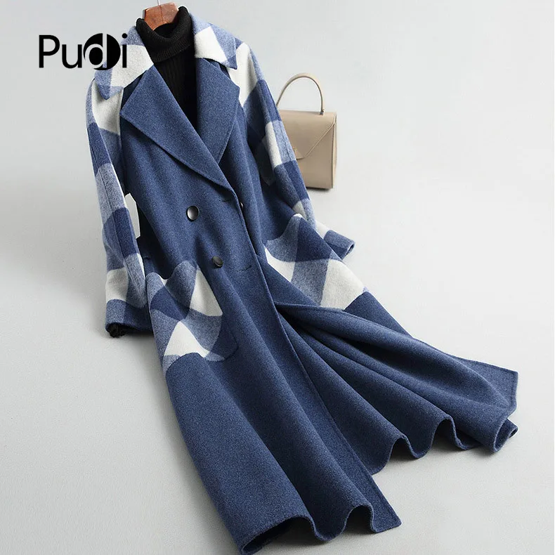 PUDI RO18037 Женская Осенняя зимняя новая модная шерстяная куртка с узором и воротником дамское длинное стильное пальто с карманами для отдыха