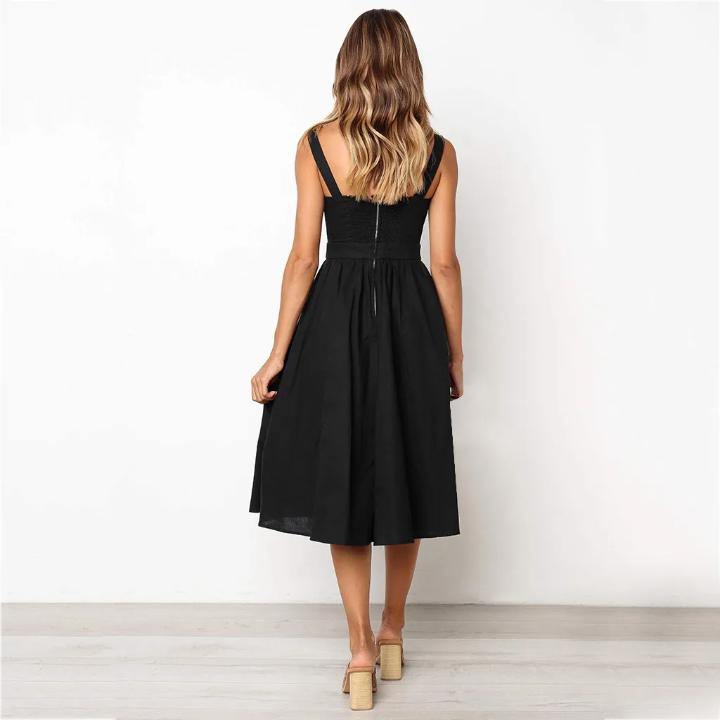 Модное летнее винтажное платье сарафан на бретельках с карманами повседневное