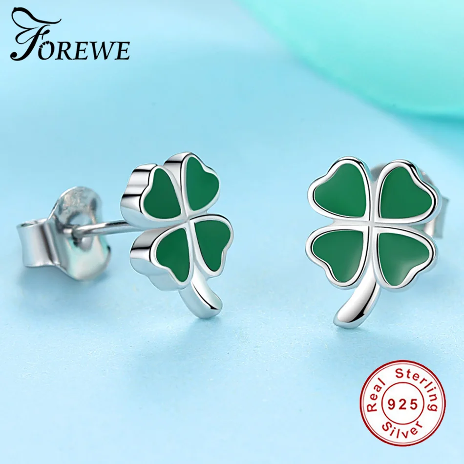 FOREWE Настоящее серебро 925 пробы серьги гвоздики Lucky Clover для женщин и девочек