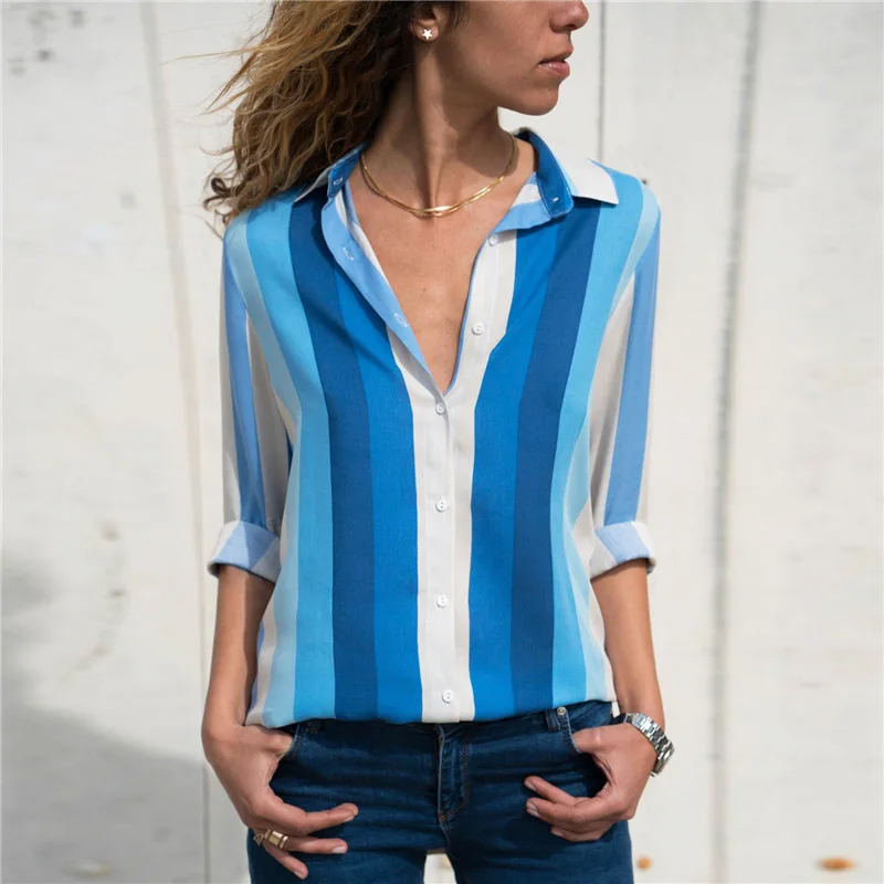 

Striped Printed Ladies Blouse 2019 High Quality Long Sleeve Blouse Turn Down Collar Office Womens Shirts Casual Plus Size Blouse
