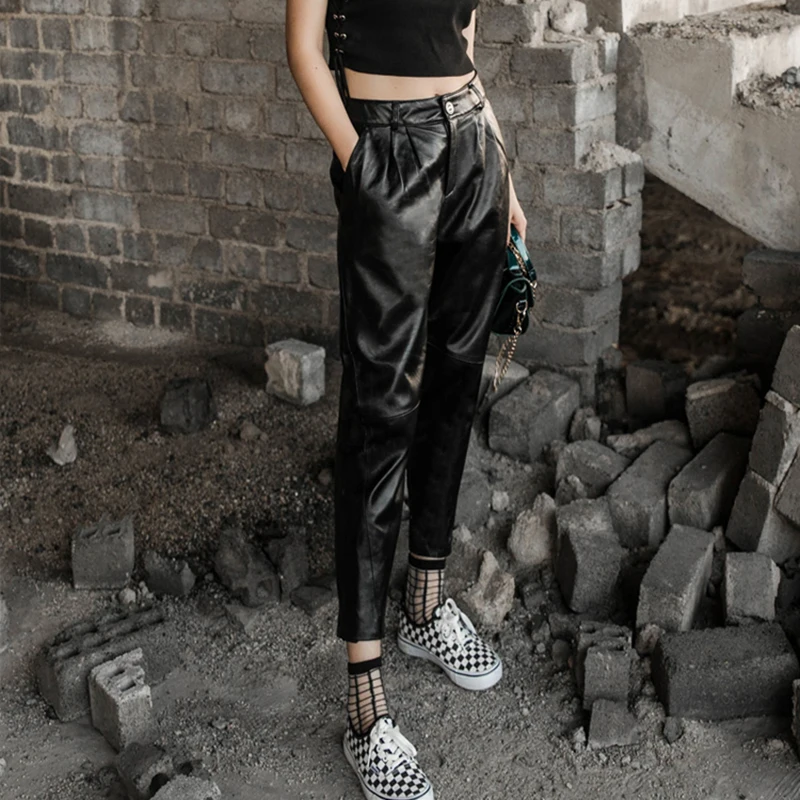 Autumn Women Large Size 4XL Leather Harem Pants Casual Real Leather Lambskin Pencil Pants Ladies Streetwear Female Slim Trousers