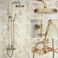vintage retro antique brass dual cross handles bathroom 8 inch round rain shower faucet set mixer tap hand shower mrs091