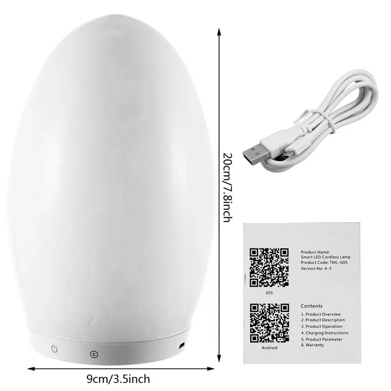 LED Bedside Lamp Egg Shape Touch Sensor Control RGB Color Changing Rechargeable Smart Table | Освещение