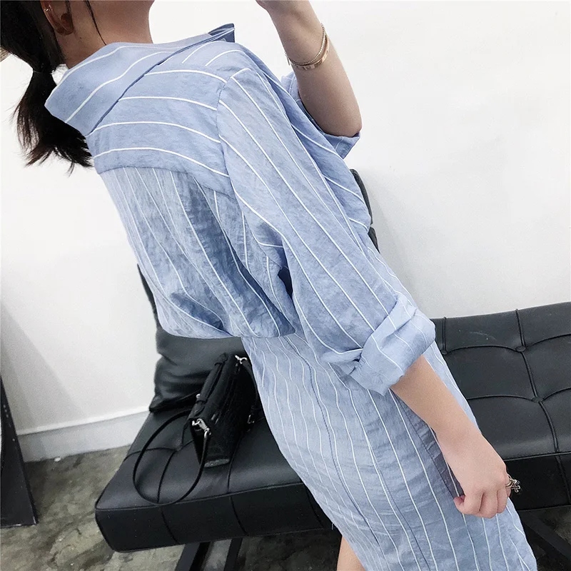 Осеннее женское платье рубашка в полоску с узкой талией длинным рукавом длиной