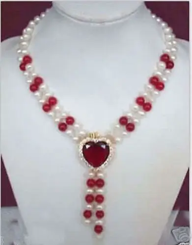 0001204 очаровательно! 2 ряда белый жемчуг и красный рубин сердце ожерелье |