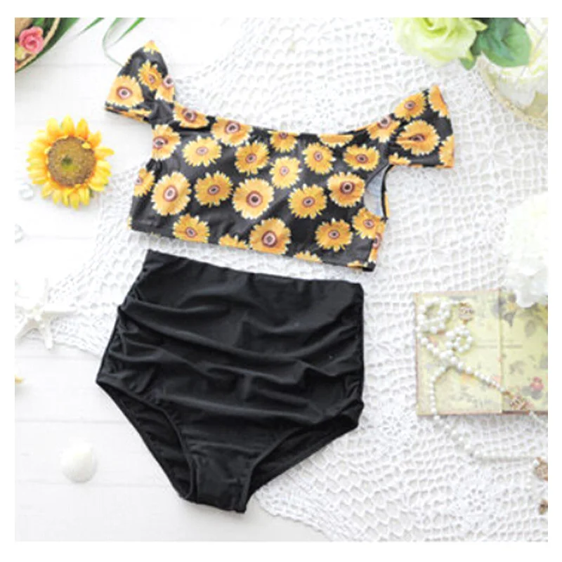 Новинка 2015 женский купальник с принтом подсолнуха пуш-ап высокая талия бикини