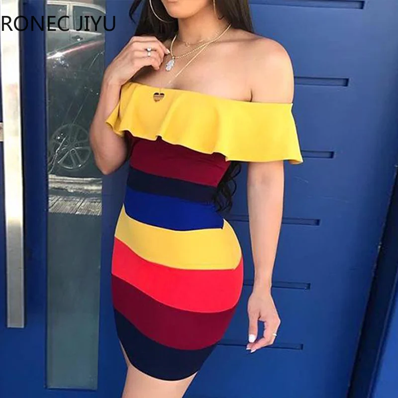 Женское Радужное Полосатое платье с оборками открытыми плечами сексуальное