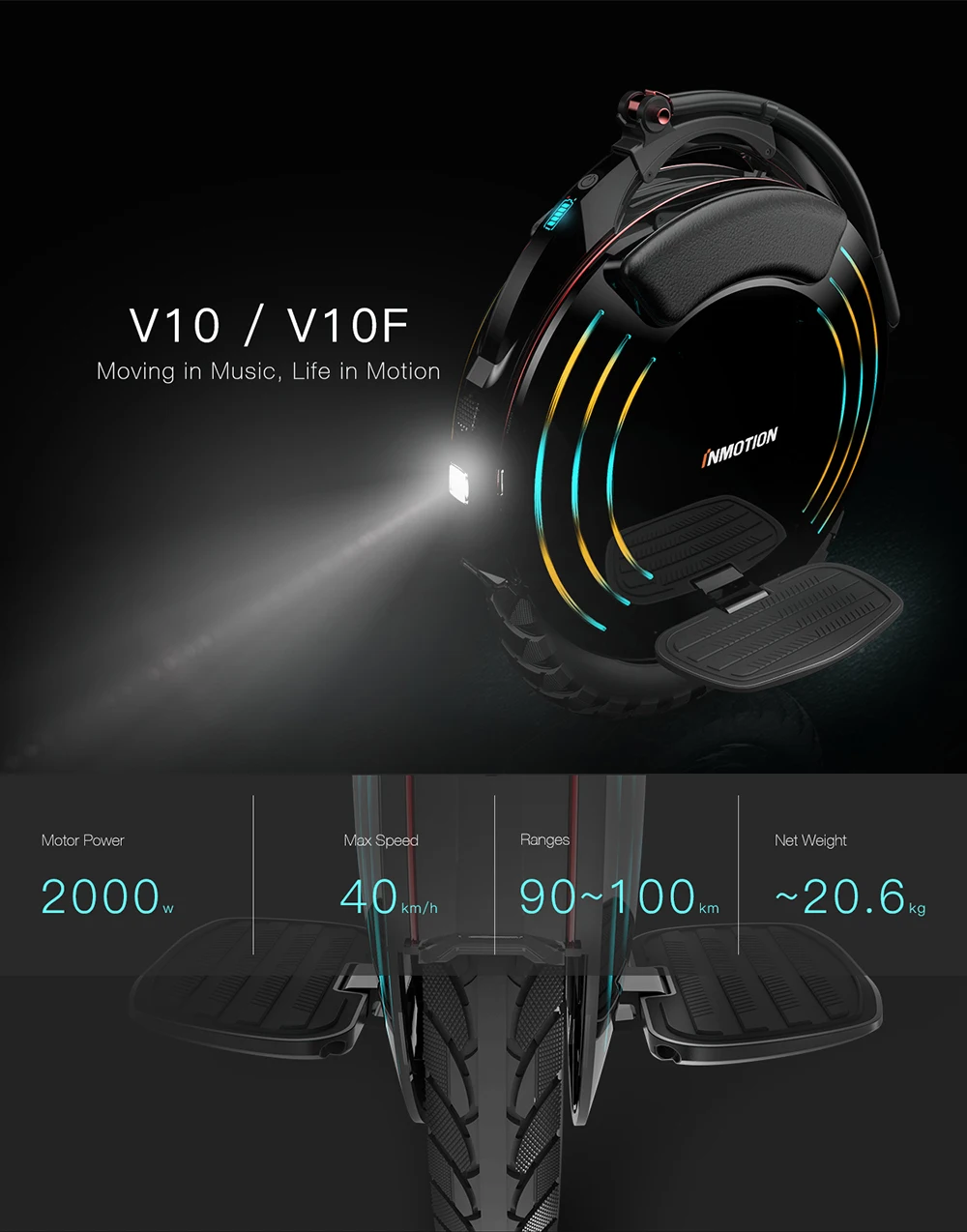 INMOTION V10F Электрический Одноколесный велосипед с высокой производительностью 2000 Вт мотор, скорость 40 км/ч Высокая педаль Одноколесный скутер 16 дюймов Интеллектуальный
