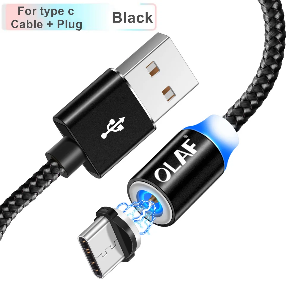 Black For Type c OLAF светодиодный магнитный usb-кабель для iPhone X, Xr, Xs, Max, Micro USB кабель type-c, быстрый Магнитный usb-кабель для зарядки samsung S9, Xiaomi - Цвет: Black For Type c