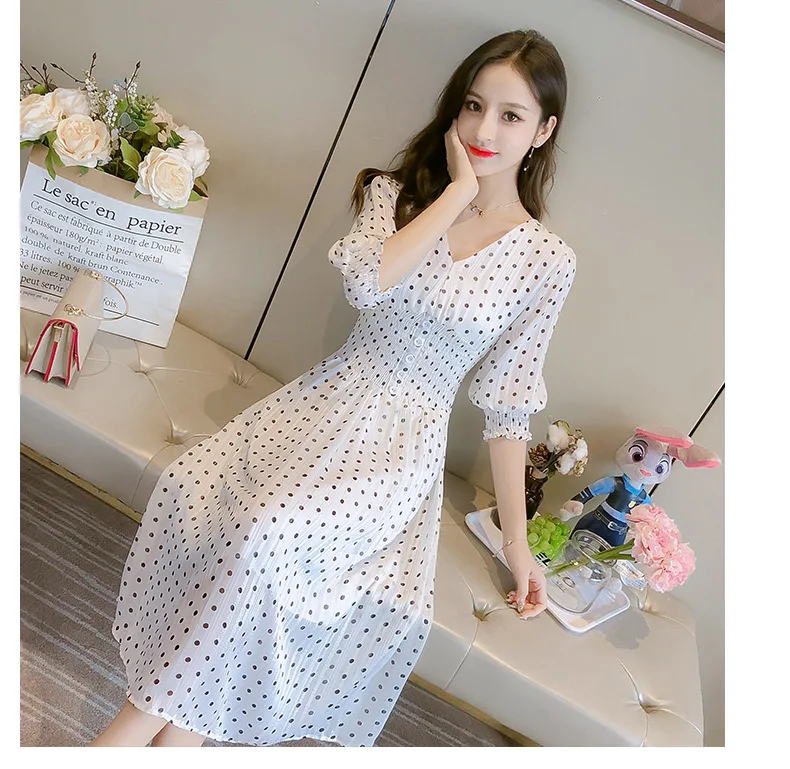 Женское шифоновое платье в горошек сеточку с рукавами-фонариками красного цвета