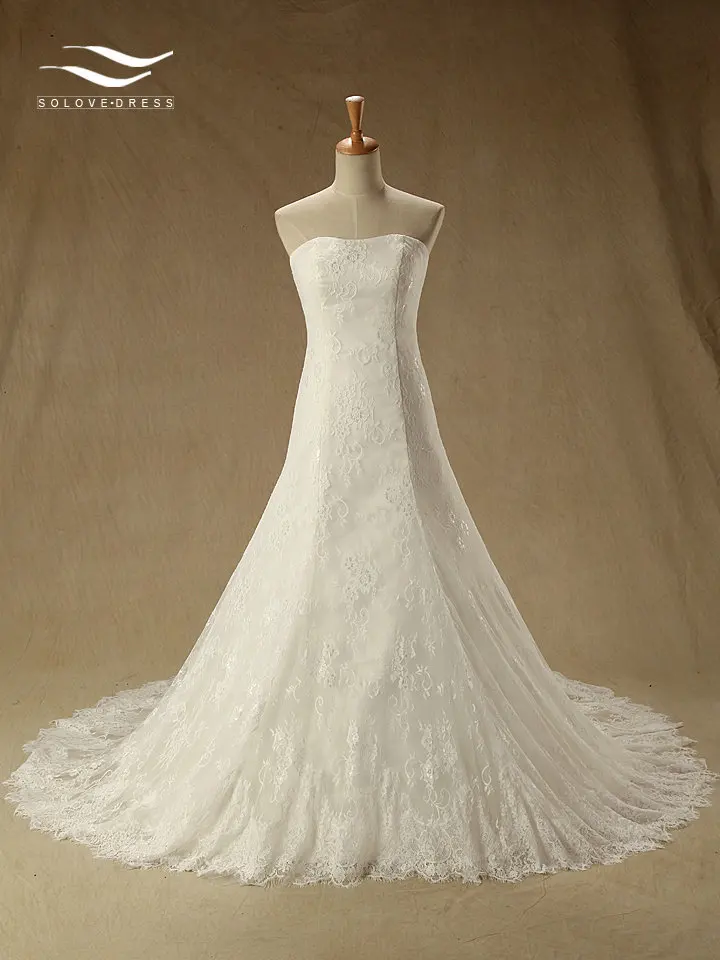 Solovedress реальные фотографии кружевное пляжное платье свадебное со шлейфом 2018 для