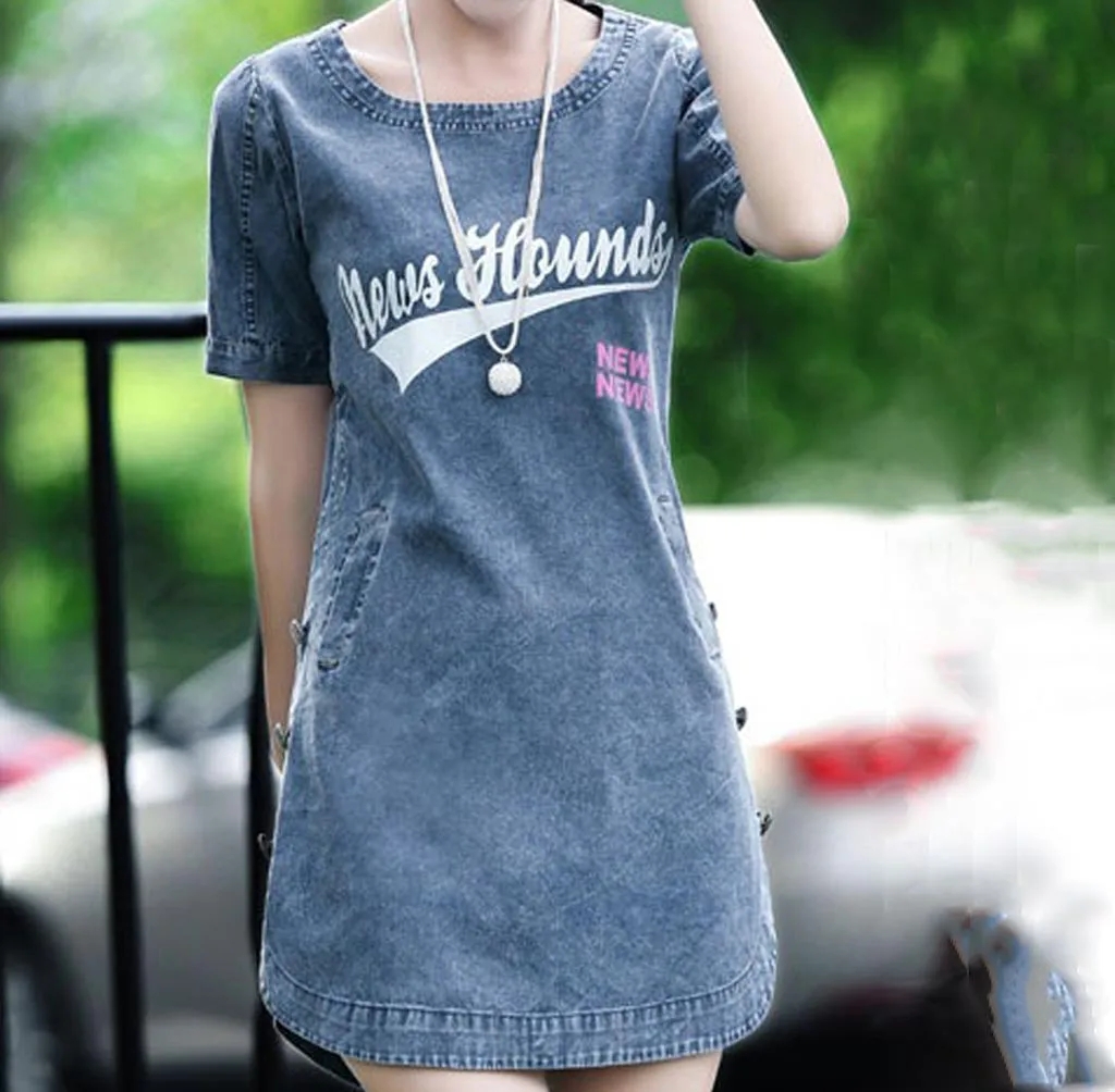 Feitong/летнее платье Модное женское с коротким рукавом Джинсовое свободное для