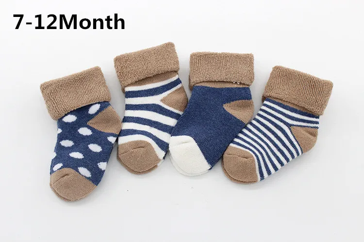 blue 7 to 12month Теплые зимние носки для малышей, 4 пар/лот Милые Мягкие осенние носки для новорожденных девочек носки в полоску и горошек для маленьких мальчиков - Цвет: blue 7 to 12month