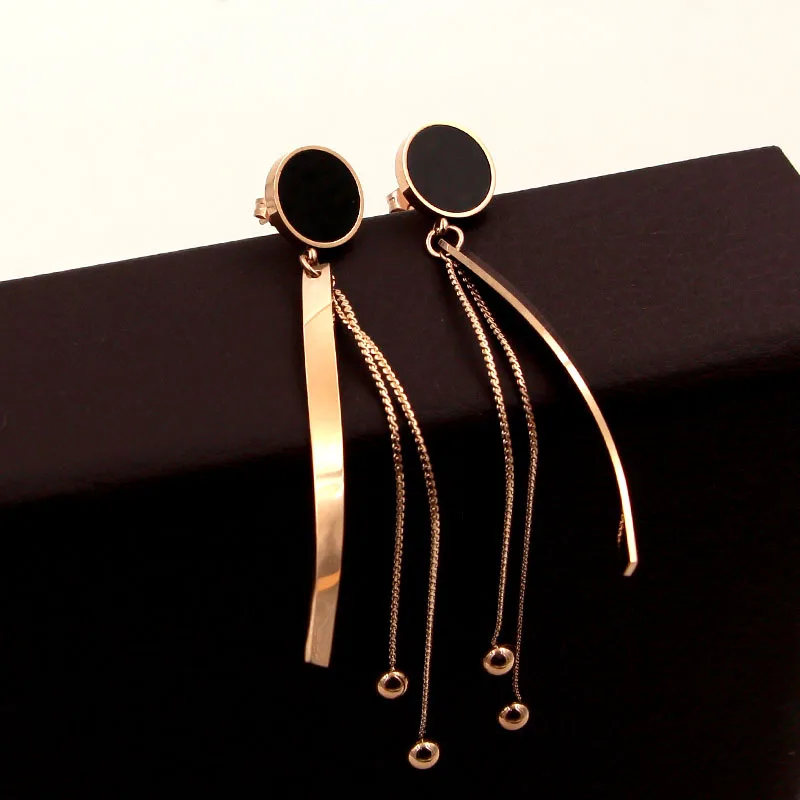 Unique design Tassel Black Round earrings Titanium Steel rose gold color Women long tassel beads Earrings factory prices | Украшения и