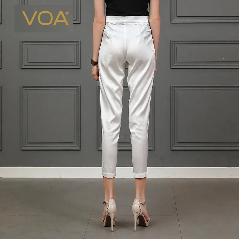 VOA мода простой белый шелк средней талии Slim fit диких девять брюки коммутирующих карандаш брюки K2535