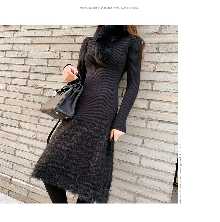 Women Knitted Sweater And Pullovers Korean Fashion Style Dress Winter And Autumn New Solid Knitted Dress
