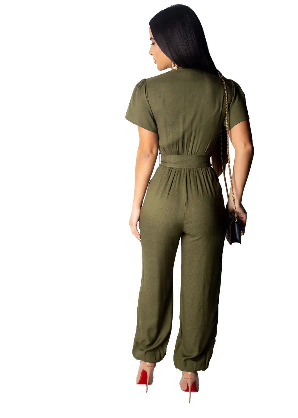 

Hot Sale Jumpsuits Sexy V Neck Solid Short Sleeve With Belt Women Jumpsuits Women Rompers
